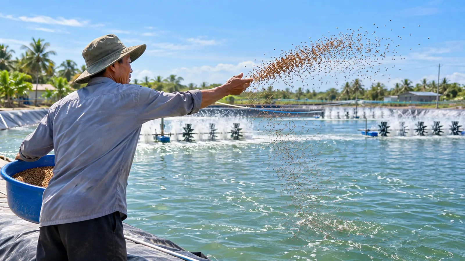 Người nuôi rải thức ăn trên ao tôm lúc bình minh